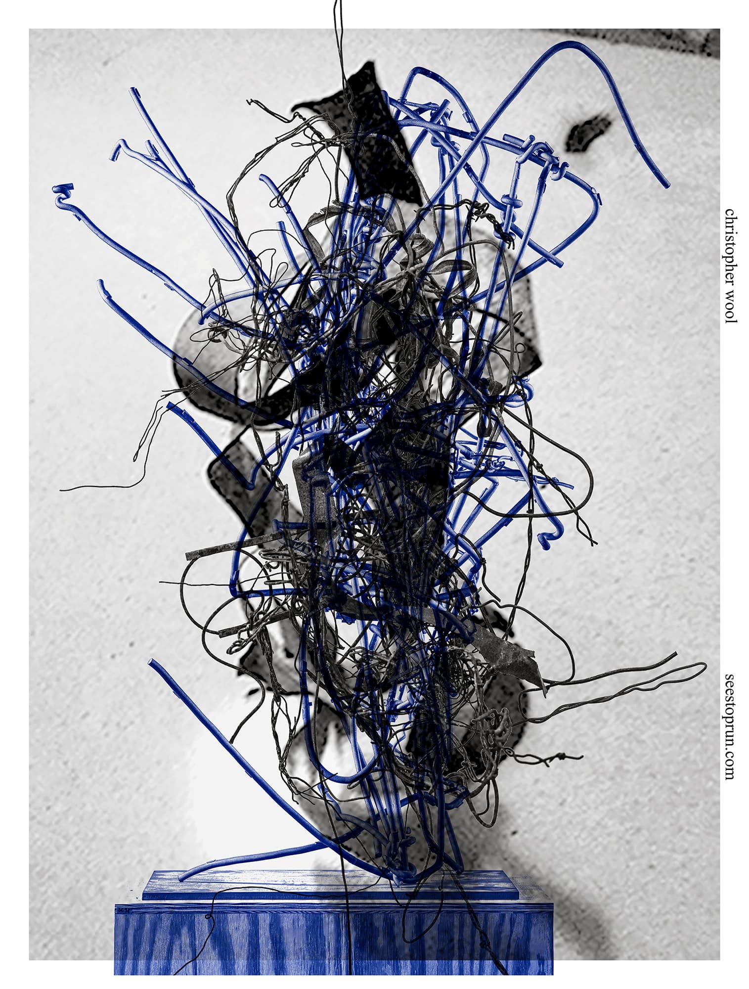 A two-tone image of a vertically oriented exhibition poster. The image features a translucent wire sculpture overlaying another wire sculpture on a plywood pedestal. Portions have been digitally manipulated and colored in blue.